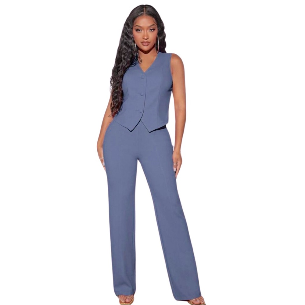 Chic Solid Button-Front Waistcoat & Pants Set - Size Large